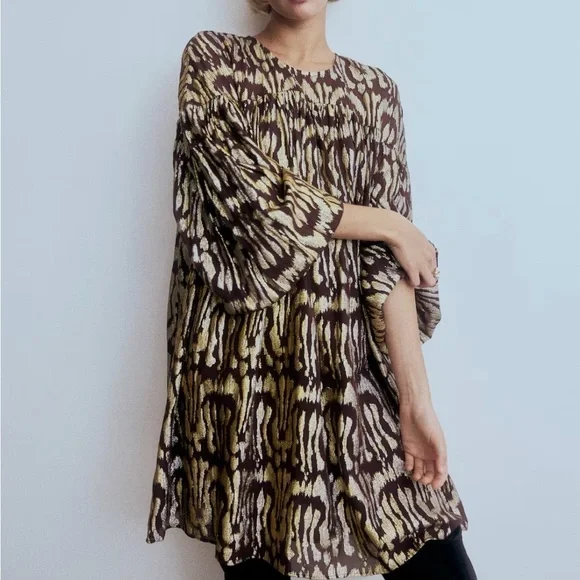 NWT H&M Oversized Jacquard-Weave  Long Sleeve  Dress (Dk Brown/Gold-Pattern) XL - Picture 2 of 7